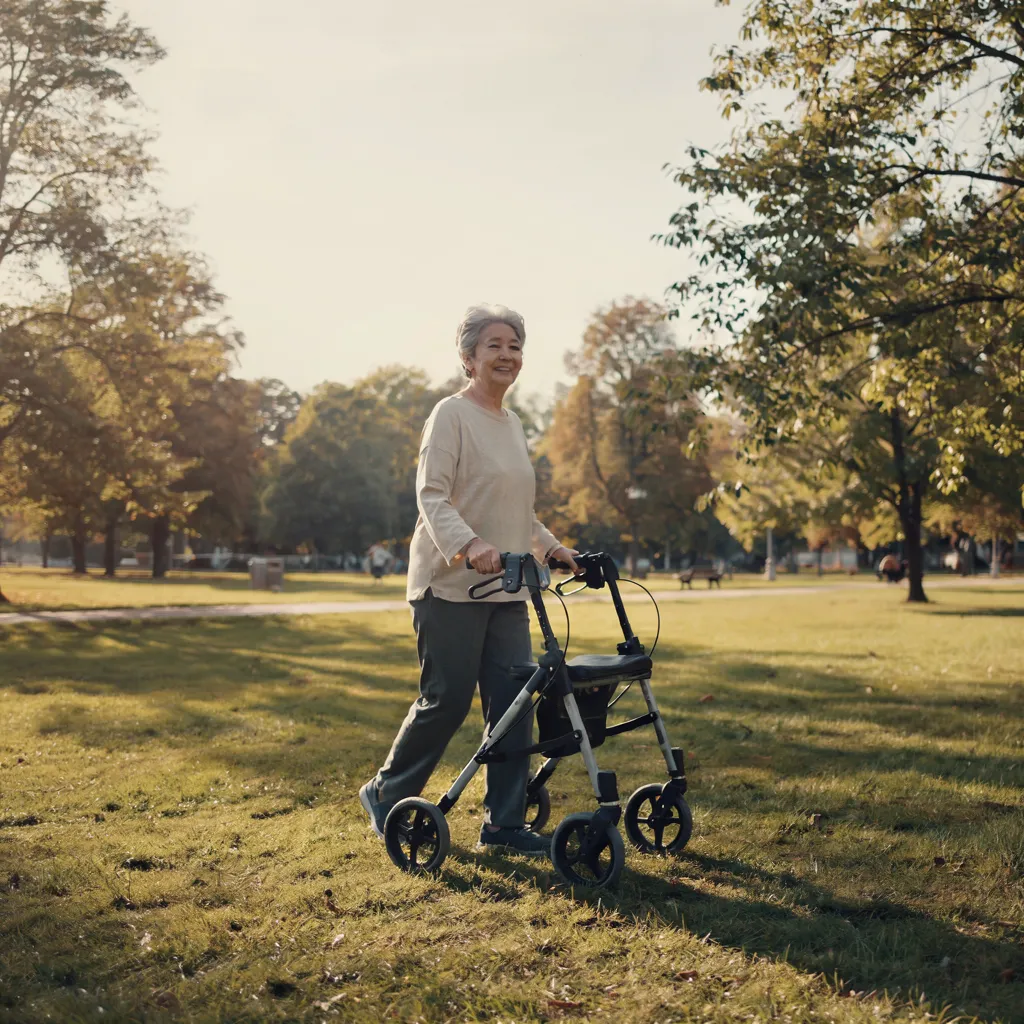 Persona mayor caminando con un rollator con asiento por un parque