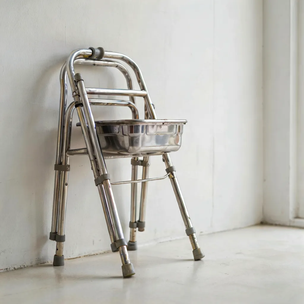 Andador plegable con asiento y cesta de aluminio en casa