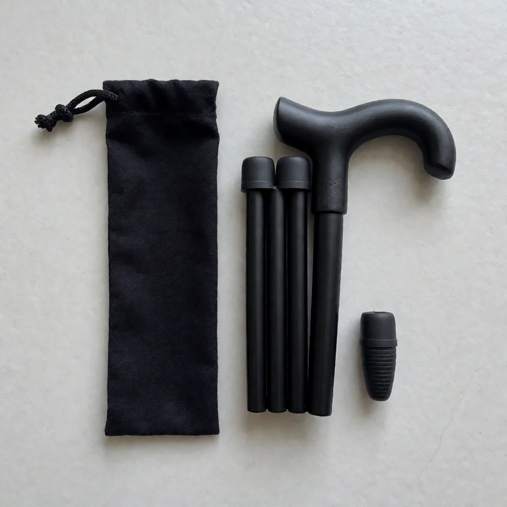 Bastón de apoyo plegable de aluminio con los tramos recogidos junto a su funda