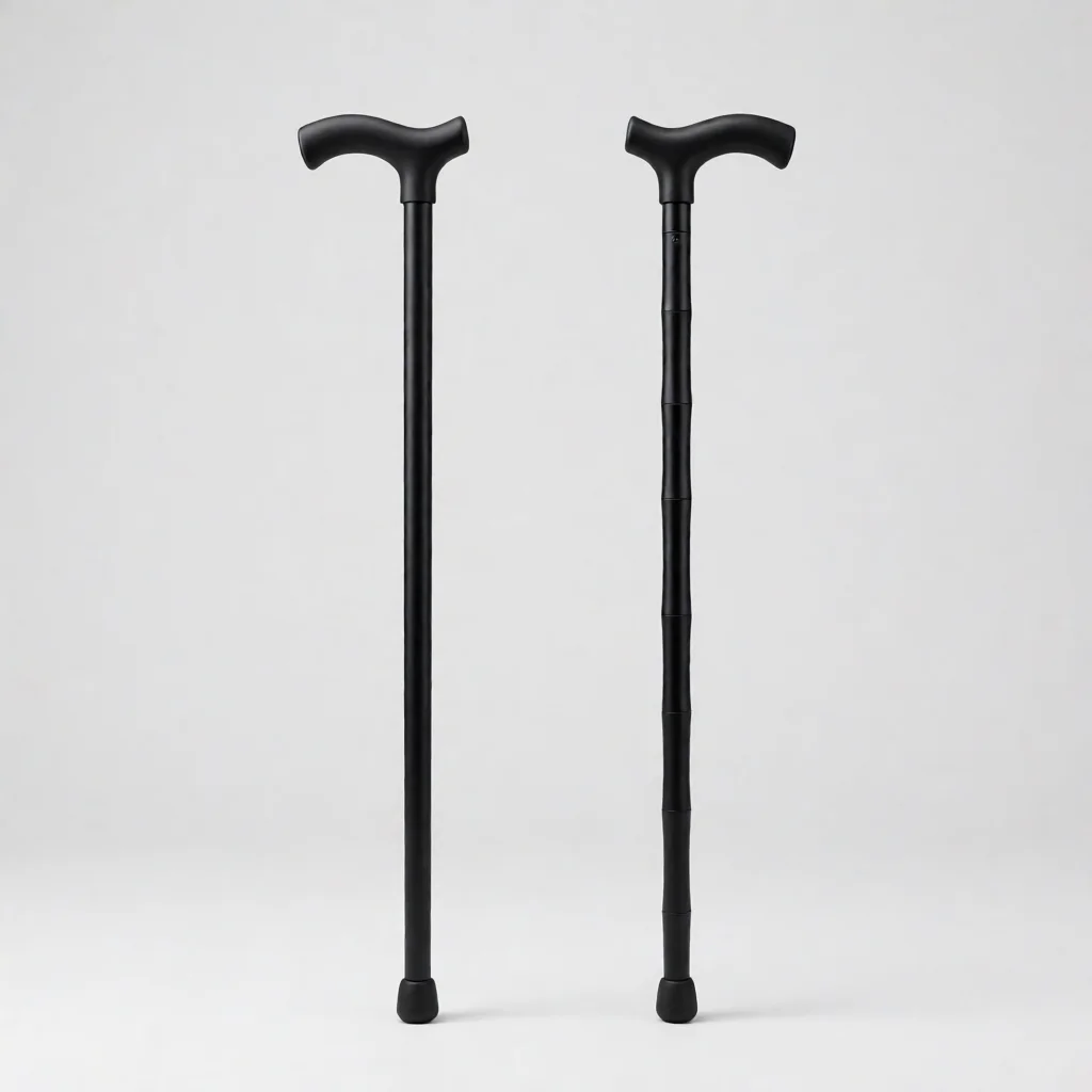 Comparación visual entre un bastón de apoyo de una pieza y un bastón plegable de aluminio