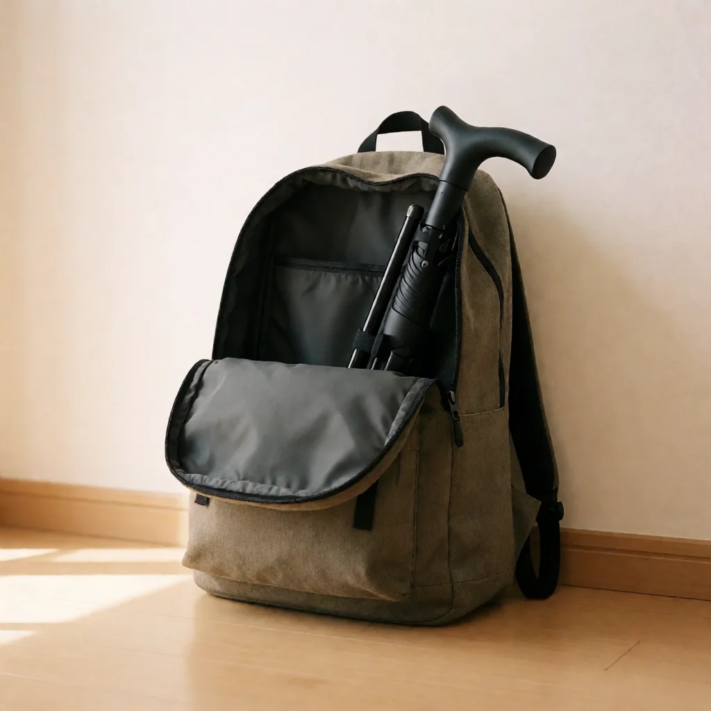 Bastón plegable de apoyo guardado dentro de una mochila tras su uso