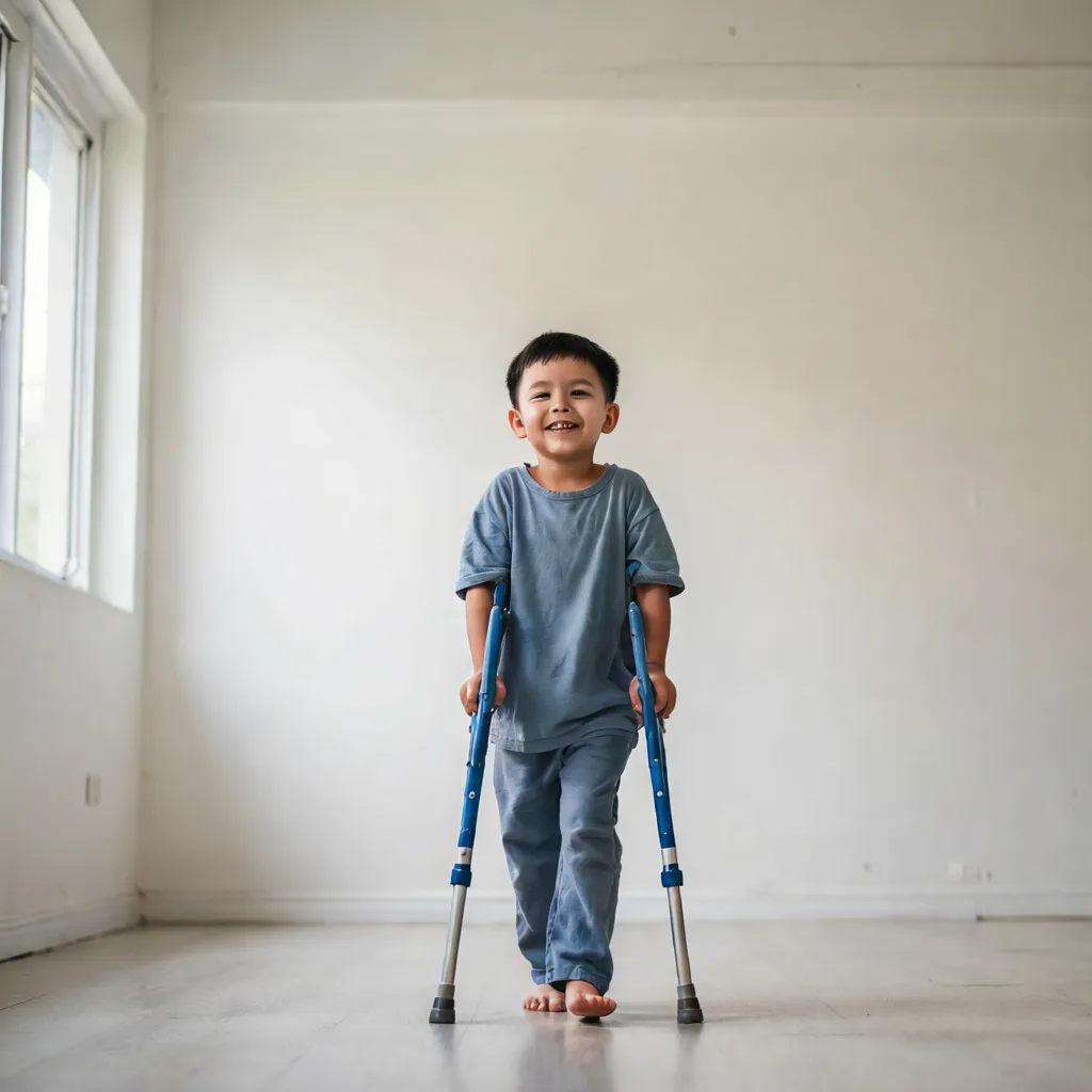 Niño caminando con muletas de axila azules por un pasillo de casa