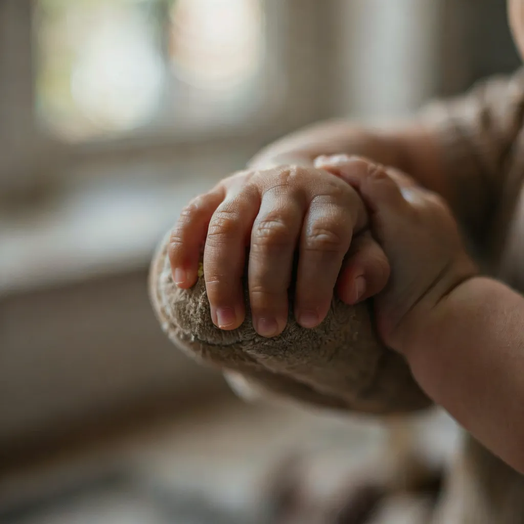 Detalle de manos de niño agarrando la empuñadura acolchada de una muleta