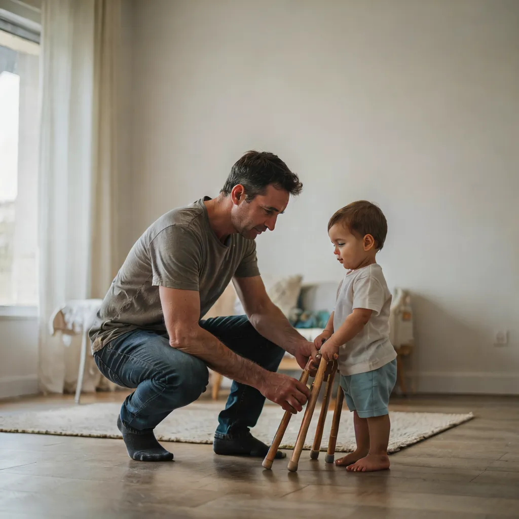 Padre ajustando la altura de las muletas de su hijo en casa