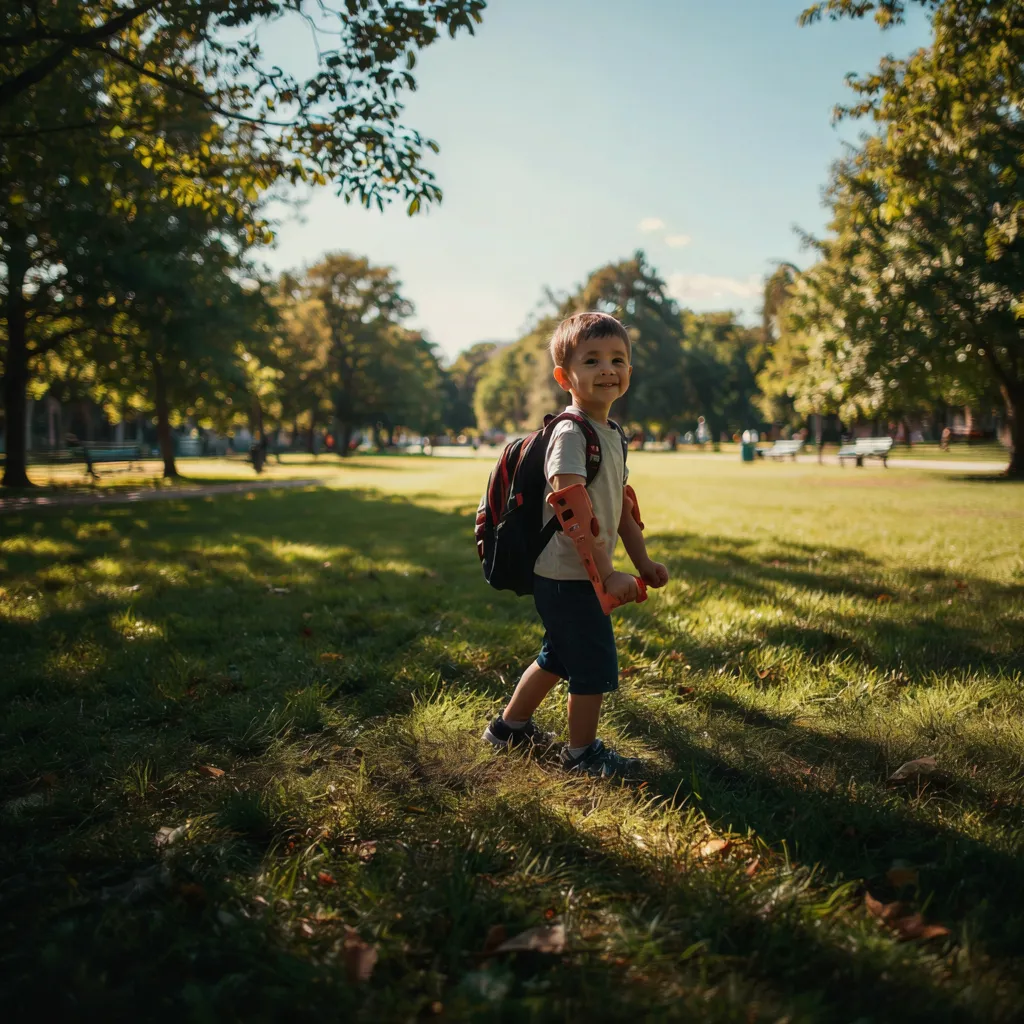 Niño con muleta de antebrazo roja paseando por un parque soleado
