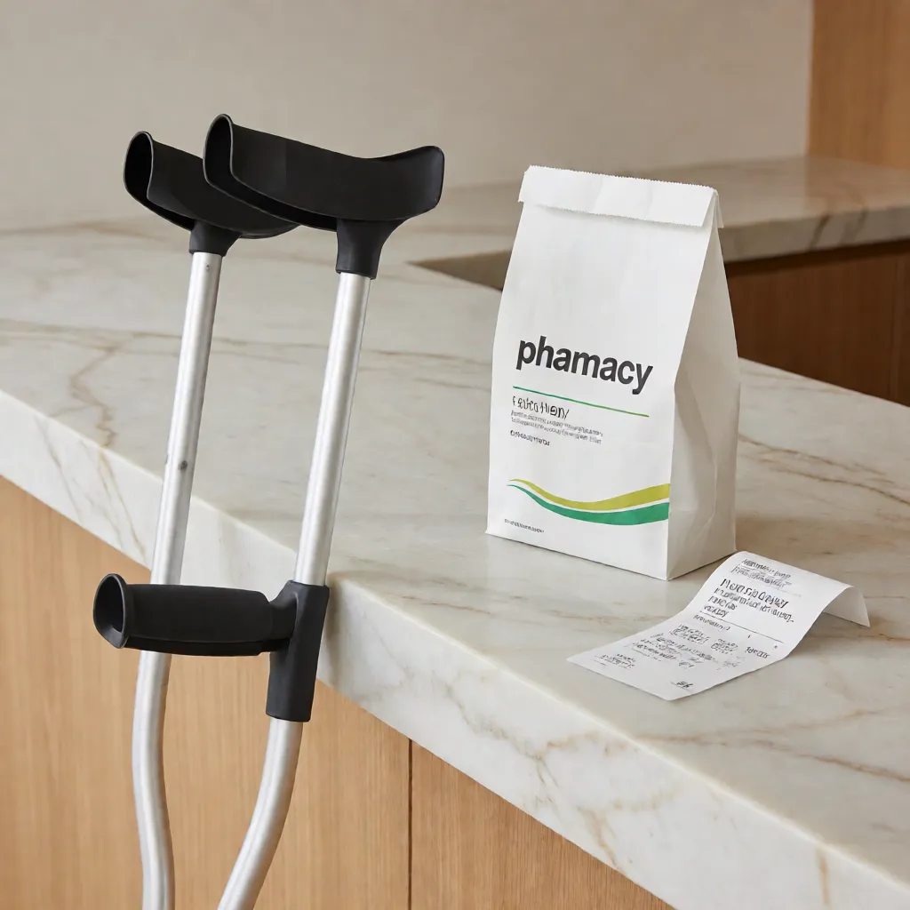 Muletas de aluminio junto a la bolsa de una farmacia sobre un mostrador