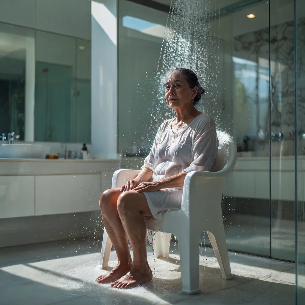Persona mayor sentada en una silla de ducha bajo el agua en un baño moderno