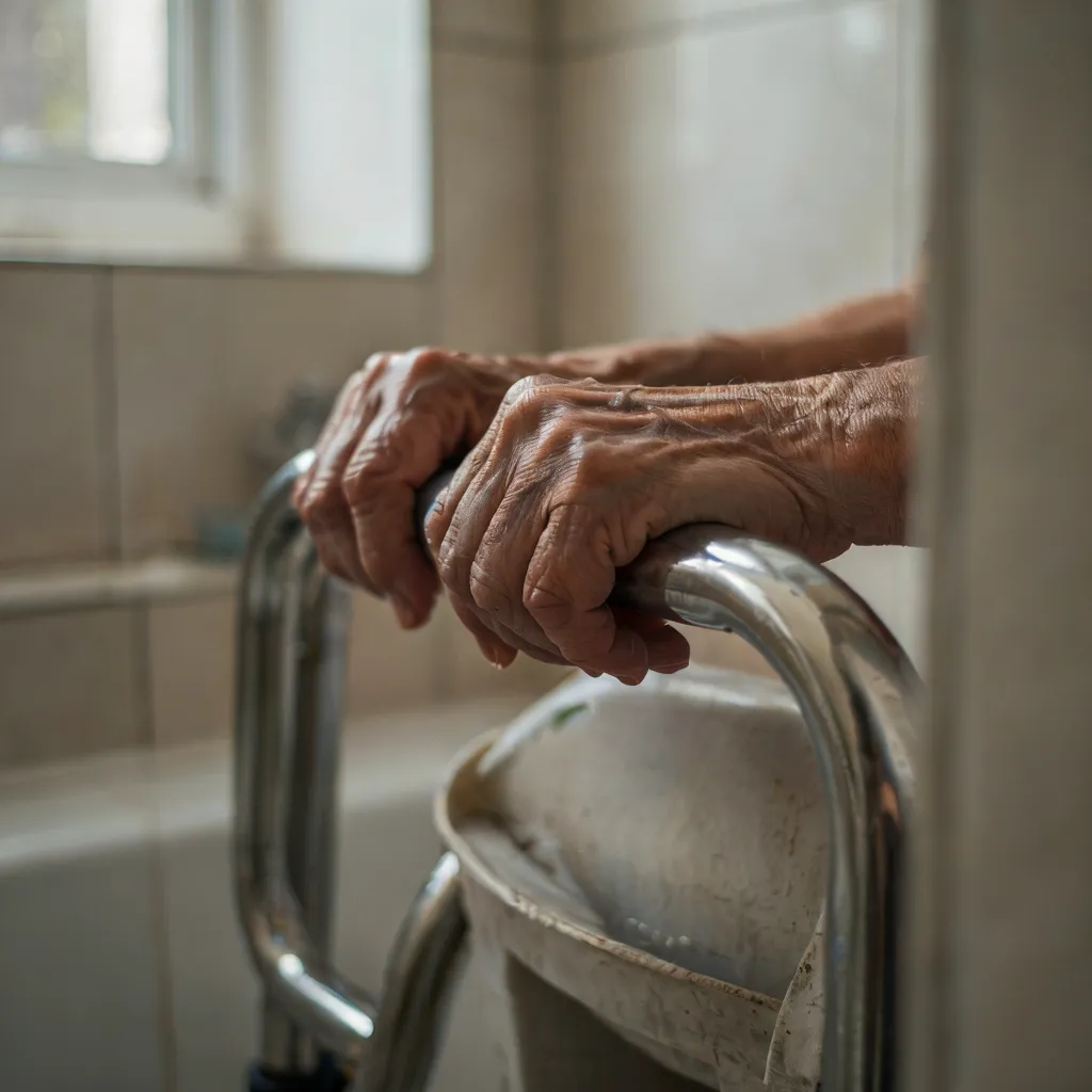 Persona mayor agarrando los reposabrazos de una silla de ducha en el baño
