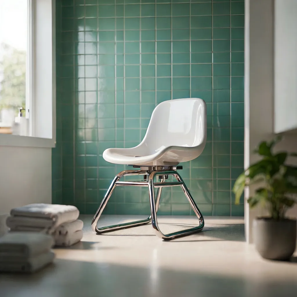 Silla de ducha moderna de polipropileno blanco con estructura de aluminio en un baño brillante